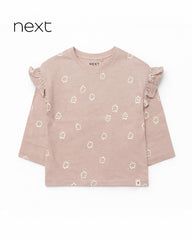 NEXT LIGHT BROWN FLORAL FRILL LONG SLEEVE T-SHIRT