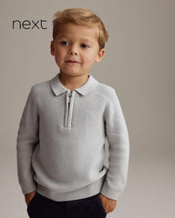NEXT LIGHT GREY QUARTER ZIP KNITTED POLO SHIRT