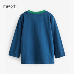 NEXT BLUE TEXTURED PRINT LONG SLEEVE DINO T-SHIRT