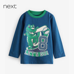 NEXT BLUE TEXTURED PRINT LONG SLEEVE DINO T-SHIRT