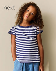 NEXT NAVY STRIPED DAISY POCKET T-SHIRT