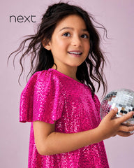 NEXT PINK SPARKLE ANGEL SLEEVE PARTY SEQUIN DRESS