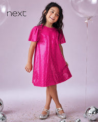 NEXT PINK SPARKLE ANGEL SLEEVE PARTY SEQUIN DRESS
