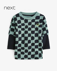 NEXT SAGE & BLACK CHECKERED LAYERED T-SHIRT