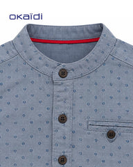 OKAIDI BLUE MICRO PRINT MANDARIN COLLAR SHIRT