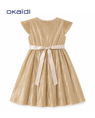 OKAIDI GIRLS GOLD METALLIC PLEATED PARTY DRESS