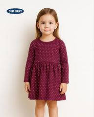OLD NAVY BURGUNDY DOTTED LONG SLEEVE DRESS