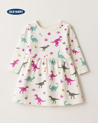 OLD NAVY OFF WHITE DINO PRINT LONG SLEEVE DRESS