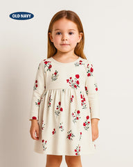 OLD NAVY OFF WHITE RED FLOWERS PRINT LONG SLEEVE DRESS