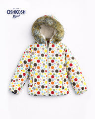 OSHKOSH WHITE DOTTED PRINT ZIPPER HOOD JACKET