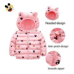 PINK MICKEY PRINTED ULTRA LIGHT WEIGHT PUFFER JACKET WITH HOOD