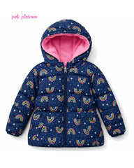 PINK PLATINUM NAVY RAINBOW PRINT HOODED PUFFER JACKET