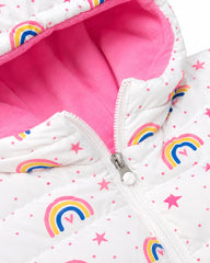 PINK PLATINUM NAVY RAINBOW PRINT HOODED PUFFER JACKET