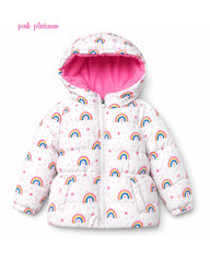 PINK PLATINUM NAVY RAINBOW PRINT HOODED PUFFER JACKET
