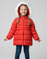 RED FANCY QUILTED PUFFER JACKET WITH HOODIE FOR GIRLS
