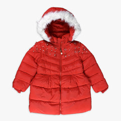 RED FANCY QUILTED PUFFER JACKET WITH HOODIE FOR GIRLS