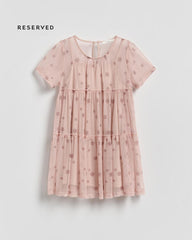 RESERVED BLUSH PINK PRINTED MESH TIERED DRESS