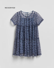 RESERVED DUSTY BLUE PRINTED MESH TIERED DRESS