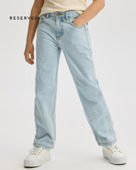 RESERVED ICE BLUE DENIM EMROIDERED STRAIGHT JEANS