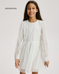 RESERVED IVORY WHITE GIRLS TEXTURED MESH PARTY DRESS
