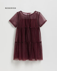 RESRVED BURGUNDY SHEER MESH TIERED DRESS