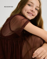 RESRVED BURGUNDY SHEER MESH TIERED DRESS