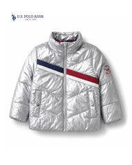 U.S. POLO ASSN SILVER METTALLIC CHEVRON PUFFER JACKET