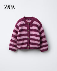 ZARA BERRY PINK CHUNKY KNIT STRIPED CARDIGAN