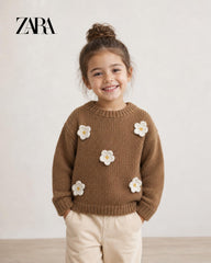 ZARA CAMEL FLORAL APPLIQUE KNIT SWEATER