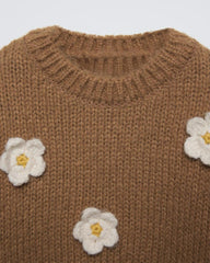 ZARA CAMEL FLORAL APPLIQUE KNIT SWEATER