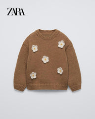 ZARA CAMEL FLORAL APPLIQUE KNIT SWEATER