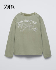 ZARA KHAKI EMBROIDERED LONG SLEEVE T-SHIRT