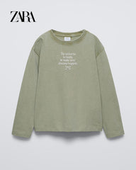 ZARA KHAKI EMBROIDERED LONG SLEEVE T-SHIRT