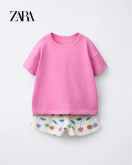 ZARA PINK CHERRY T-SHIRT WITH SHORTS 2 PCS SET