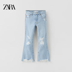 ZARA MID BLUE RIPPED FLARED JEANS