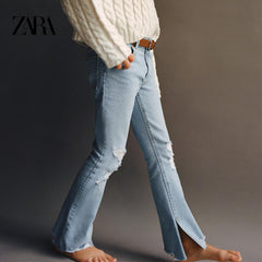ZARA MID BLUE RIPPED FLARED JEANS