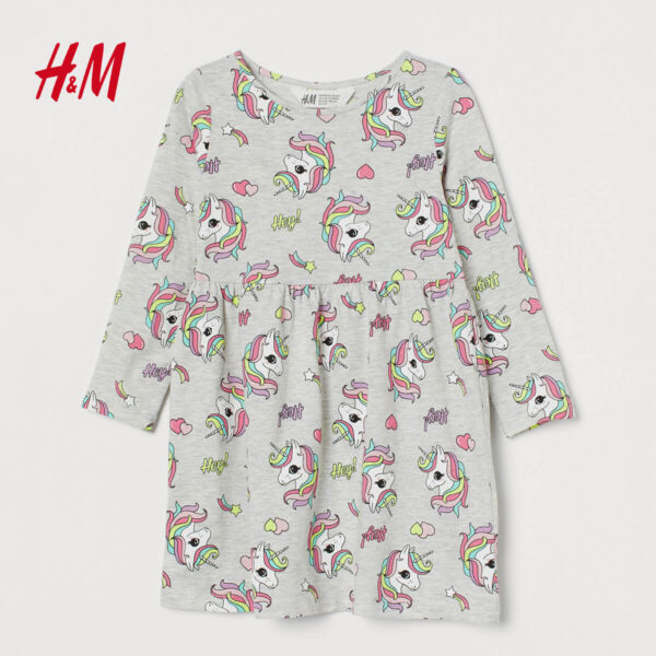 H M LIGHT GREY UNICORNS WITH TEXT PRINTED JERSEY DRESS