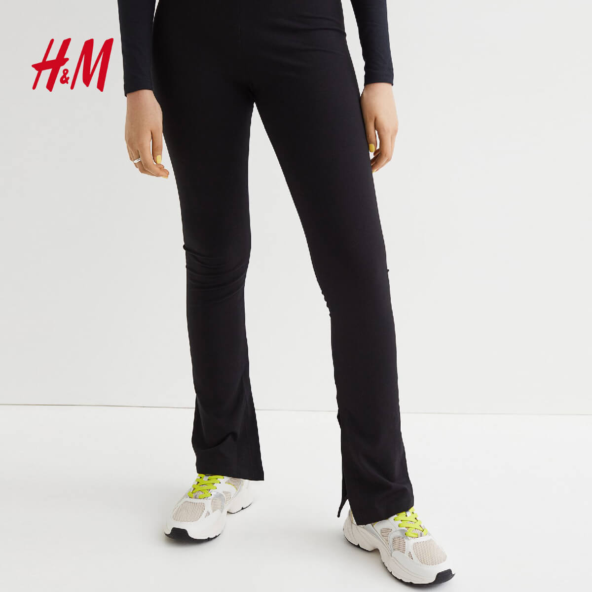 H&M BLACK COTTON FLARED SLIT LEGGING - Peekaboo
